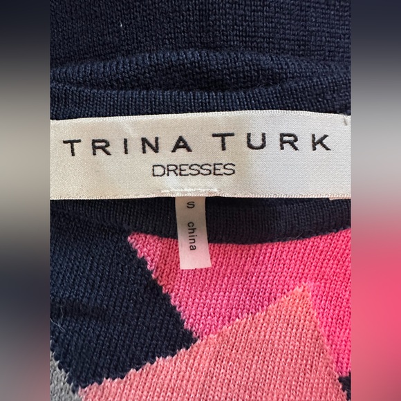 Trina Turk Merino Wool Geometric Patterned Navy‎ Blue Belted Dress Size S - Picture 12 of 14